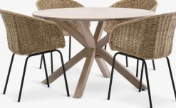 FUGLSAND + TUERNEMesa FUGLSAND Ø120 madera dura + 4 sillas TUERNE natural