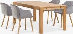 HAGE + ADSLEVMesa HAGE L190 roble natural+4 sillas ADSLEV terciopelo gris