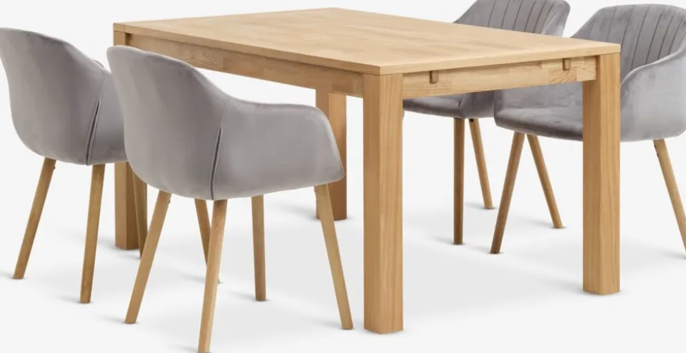 HAGE + ADSLEVMesa HAGE L150 roble natural+4 sillas ADSLEV terciopelo gris