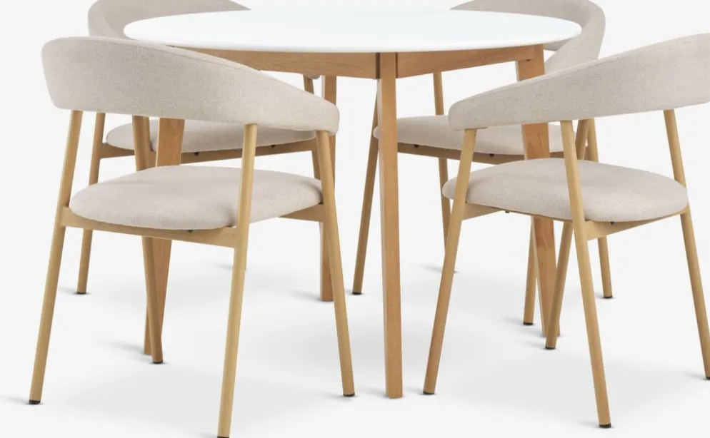 JEGIND + EJSINGMesa JEGIND Ø105 blanco + 4 sillas EJSING beis/roble natural