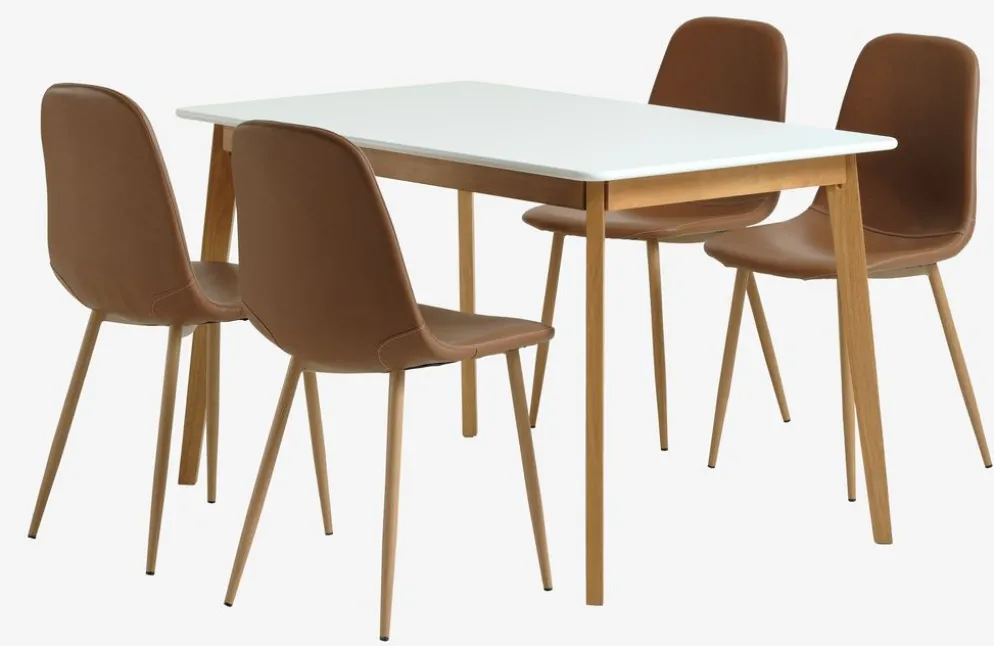 JEGIND + JONSTRUPMesa JEGIND L130 blanco + 4 sillas JONSTRUP marrón