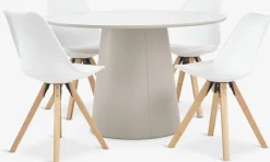 KLIPLEV + BLOKHUSMesa KLIPLEV Ø120 travertino + 4 sillas BLOKHUS blanco