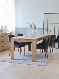 LINTRUP + PEBRINGEMesa LINTRUP L190/280 roble salvaje + 4 sillas PEBRINGE gris
