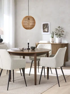 MARSTRAND + PURHUSMesa MARSTRAND Ø110 roble oscuro + 4 PURHUS blanco crudo