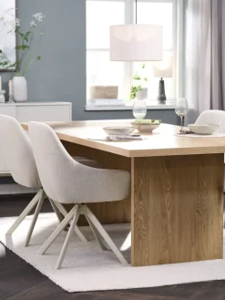 MUNKEBY + ROSTRUPMesa MUNKEBY L220 roble cálido + 4 sillas ROSTRUP beis