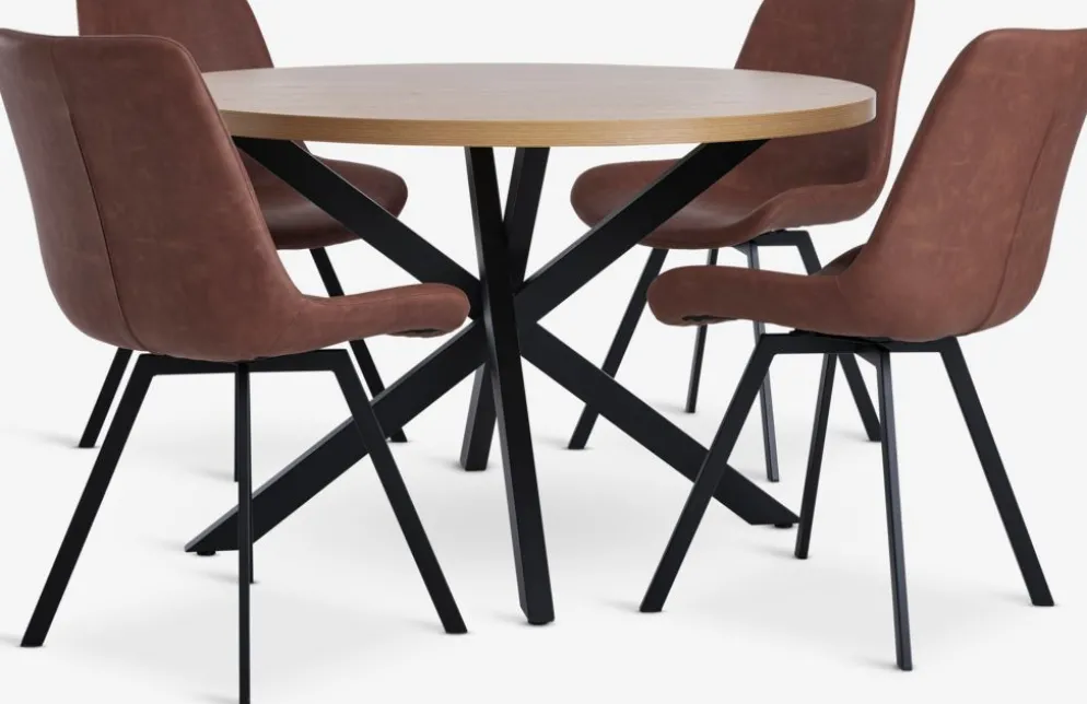 NORTOFT + HYGUMMesa NORTOFT Ø120 roble cálido + 4 sillas HYGUM marrón/negro