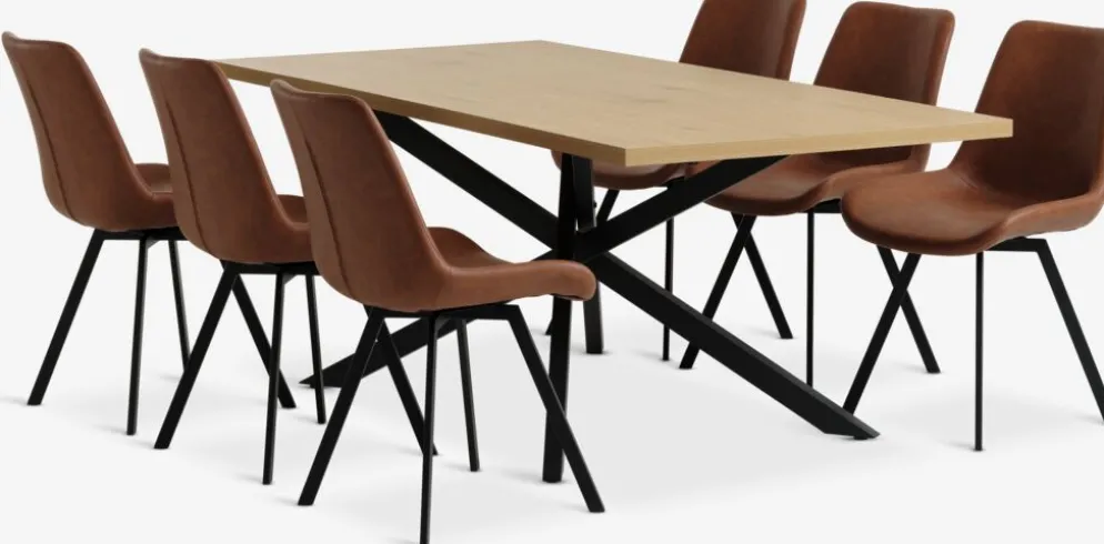 NORTOFT + HYGUMMesa NORTOFT L200 roble cálido + 4 sillas HYGUM marrón/negro