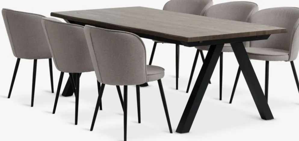 SANDBY + RISSKOVMesa SANDBY L210 roble oscuro + 4 sillas RISSKOV gris claro